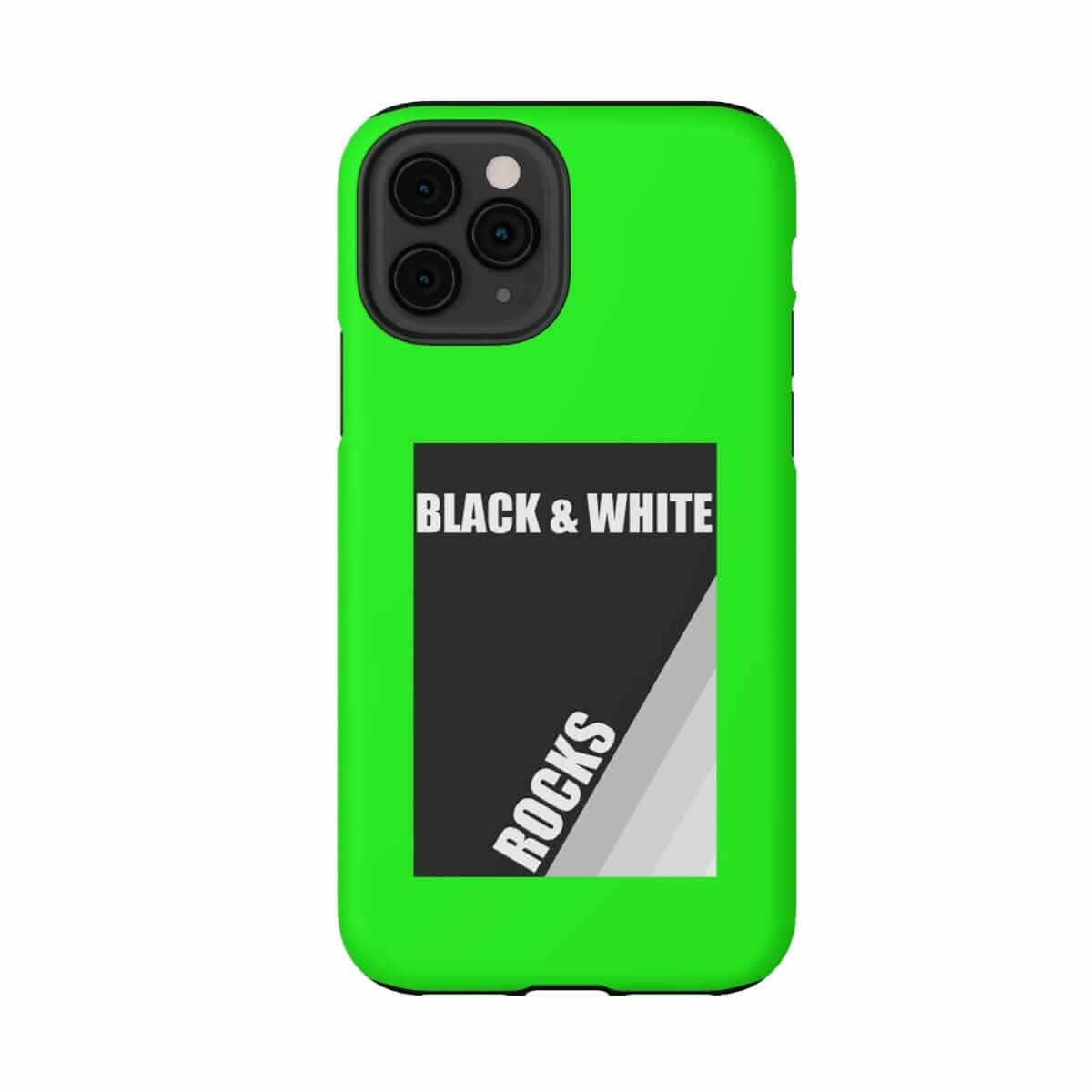 Black and white plastic phone case with abstract rock pattern in neon green accents for iPhone 11 Pro matte finish