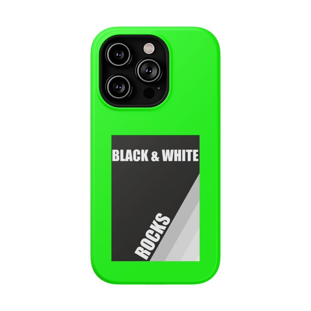 Phone case with black and white rock pattern featuring neon green edges and matte finish for iPhone 14 Pro