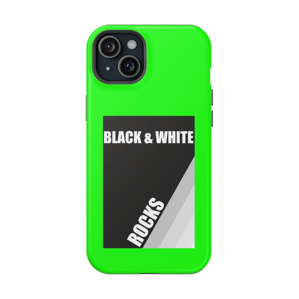 Black and white hard phone case with neon green accents featuring a rock pattern design for iPhone 15 Plus matte finish