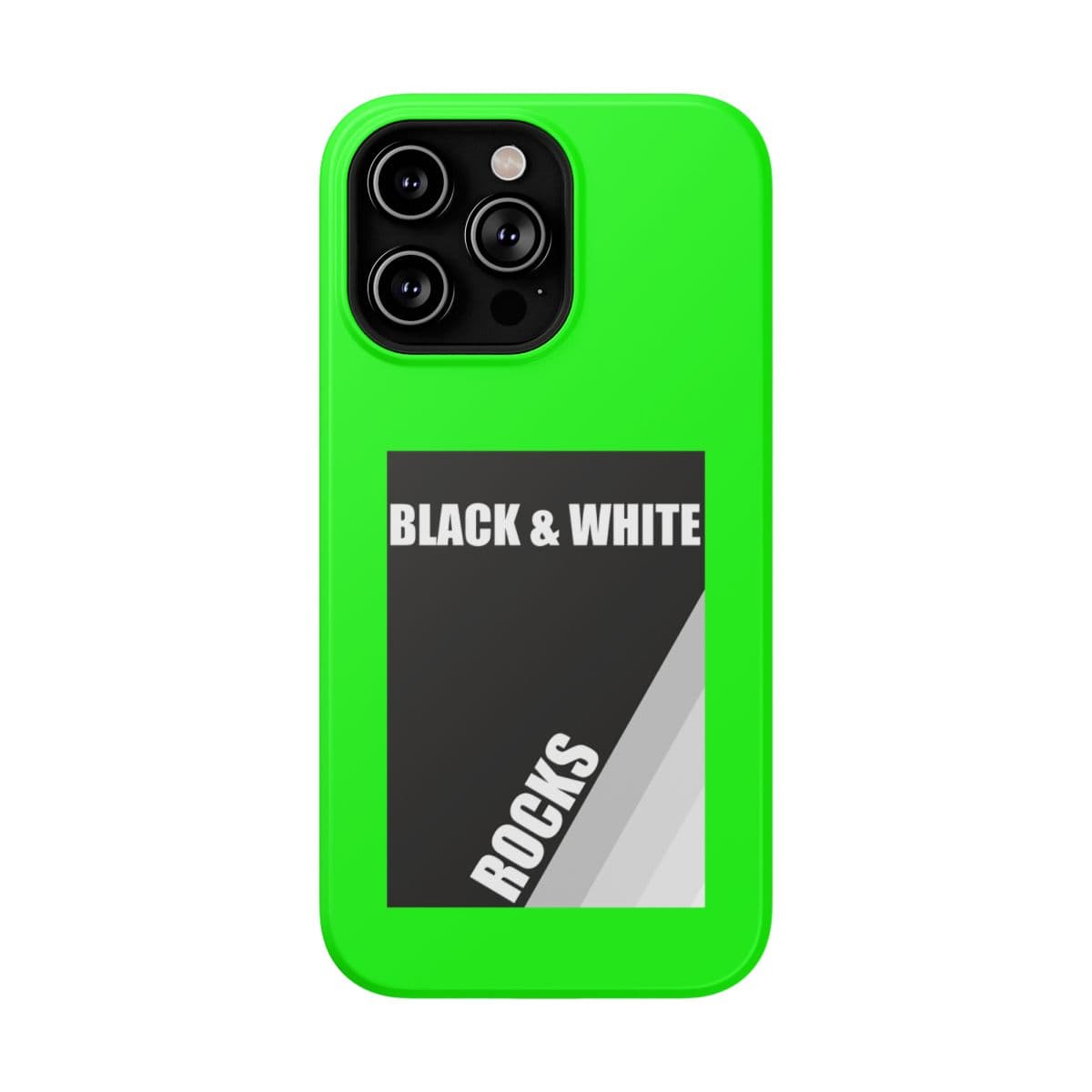 Matte black and white phone case with rock pattern and neon green accents designed for iPhone 14 Pro Max