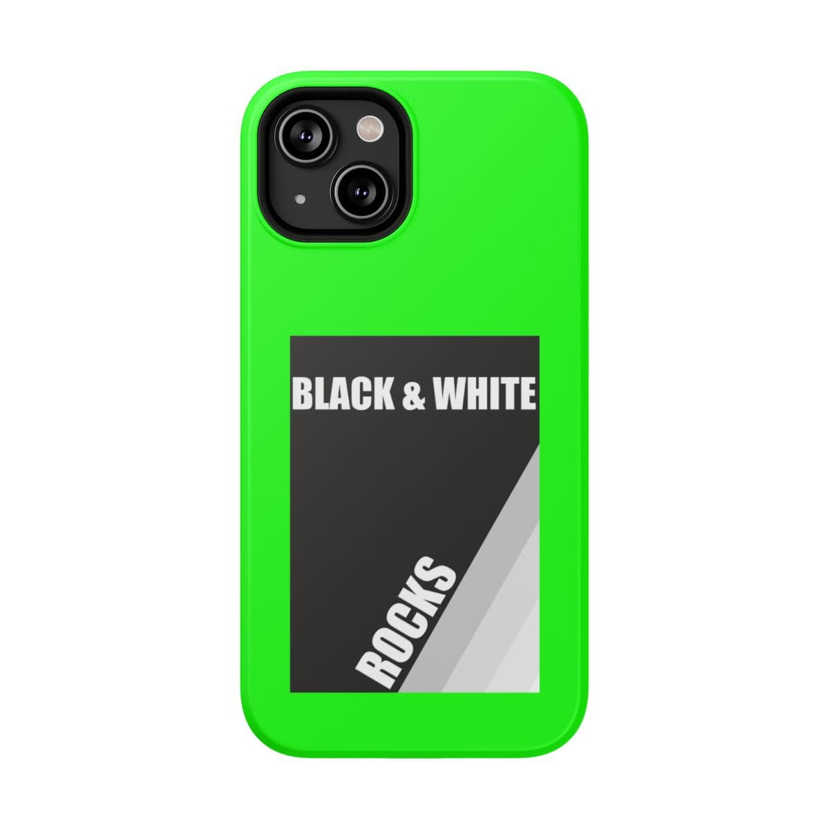 Phone case with matte black and white rock pattern on neon green background designed for iPhone 14 with smooth finish
