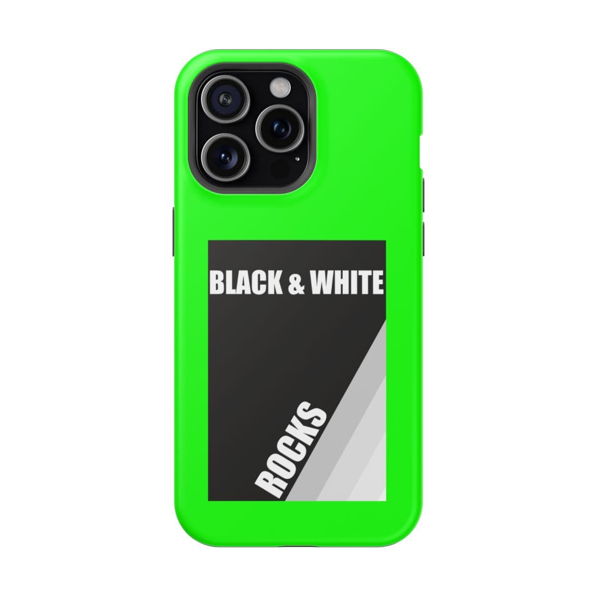 Phone case in black and white rock pattern with neon green matte edges designed for iPhone 15 Pro Max
