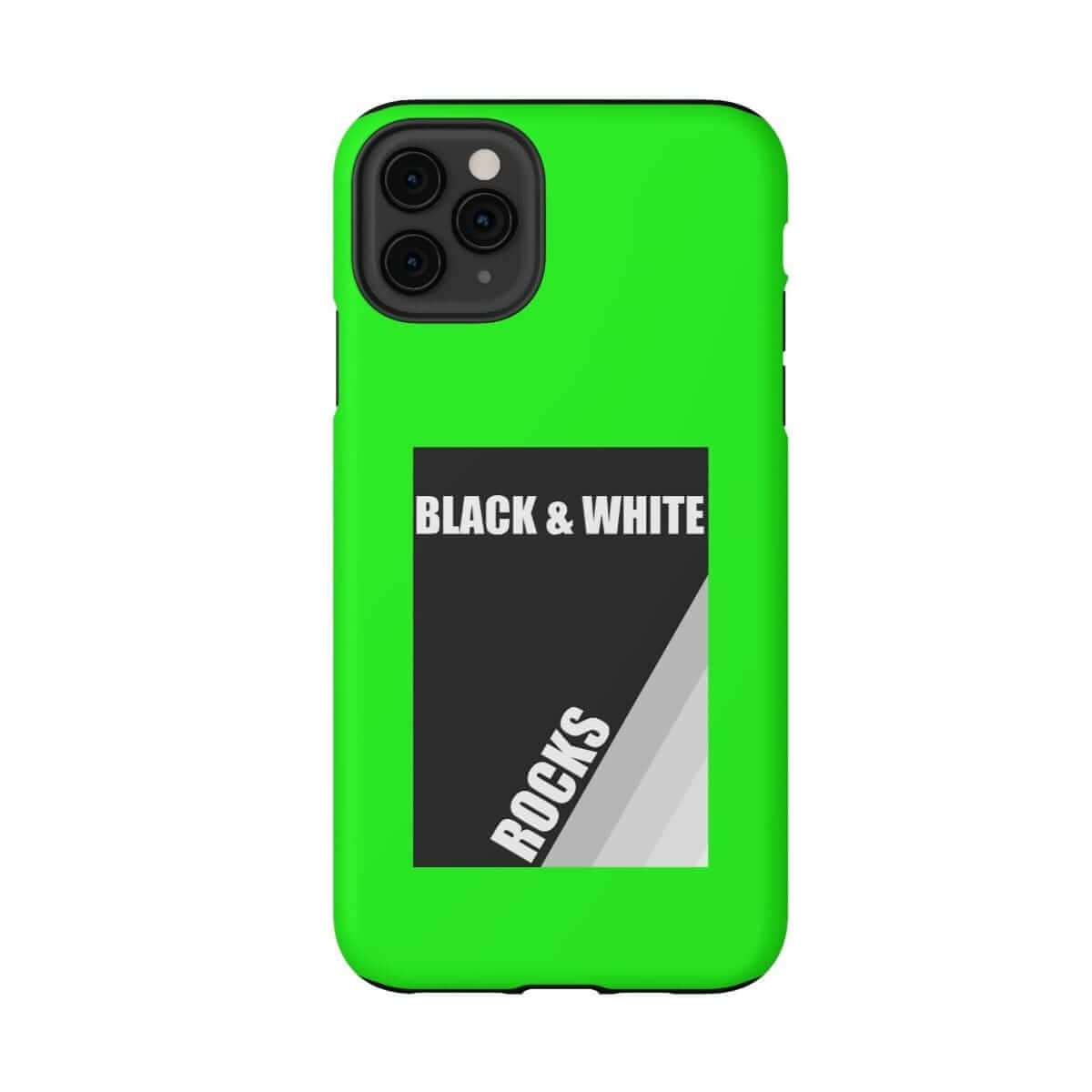 Black and white hard plastic phone case for iPhone 11 Pro Max with matte finish and abstract rock pattern in neon green
