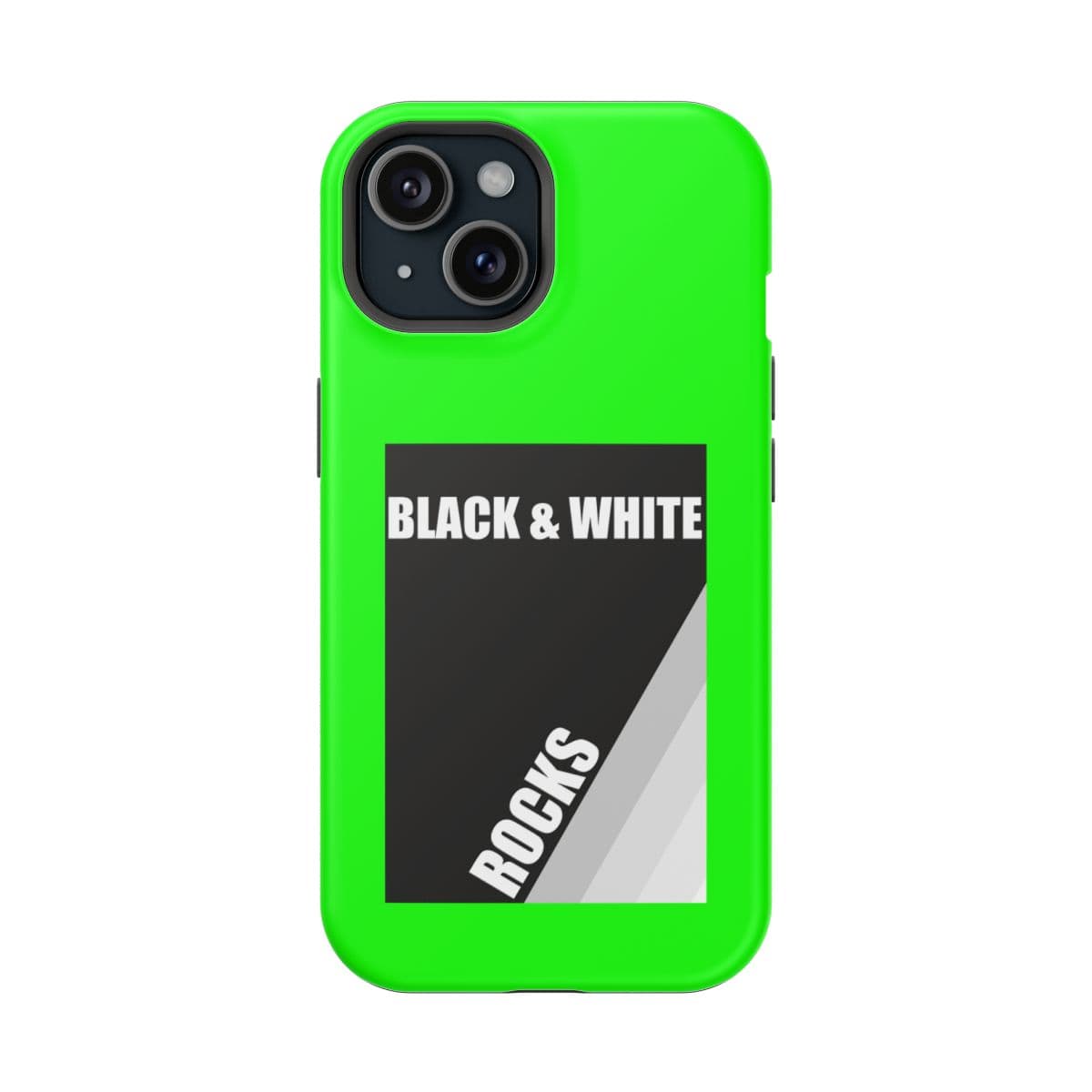Phone case for iPhone 15 with black and white rock pattern in neon green matte finish featuring a slim protective design