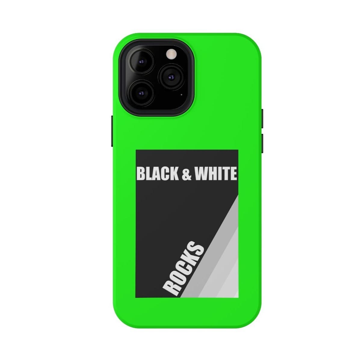 Phone case with black and white rock pattern on neon green matte finish designed for iPhone 13 Pro Max