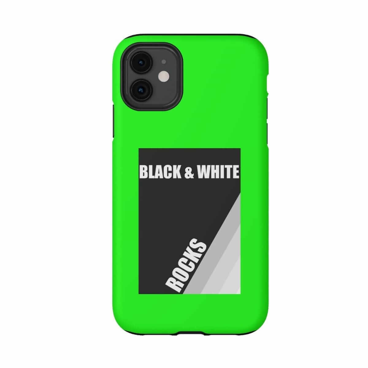 Matte black iPhone 11 case with white and gray rock pattern and neon green accents in smooth plastic material