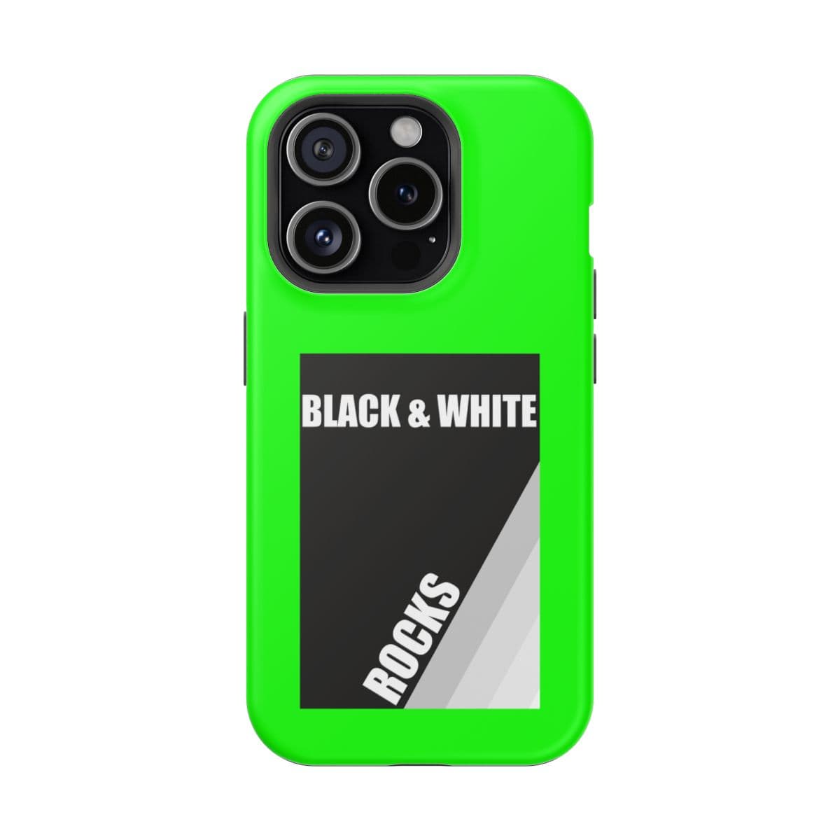 Black and white hard plastic phone case with abstract rock pattern and neon green matte sides for iPhone 15 Pro