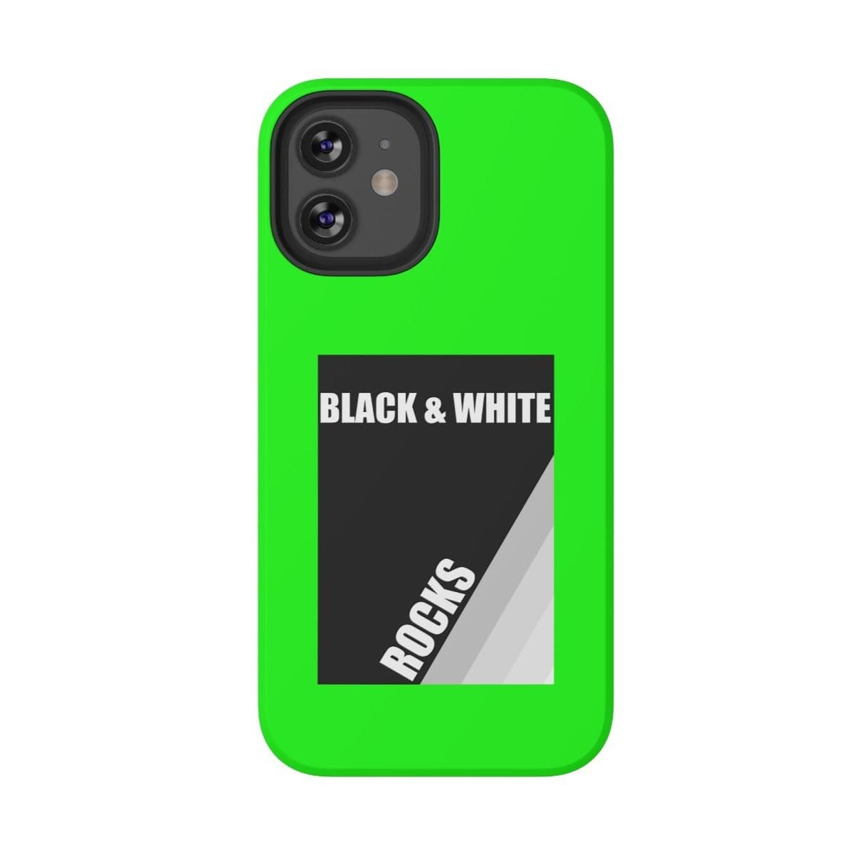 Neon green matte iPhone 12 Pro case with black and white rock pattern made of hard plastic material featuring precise button cutouts