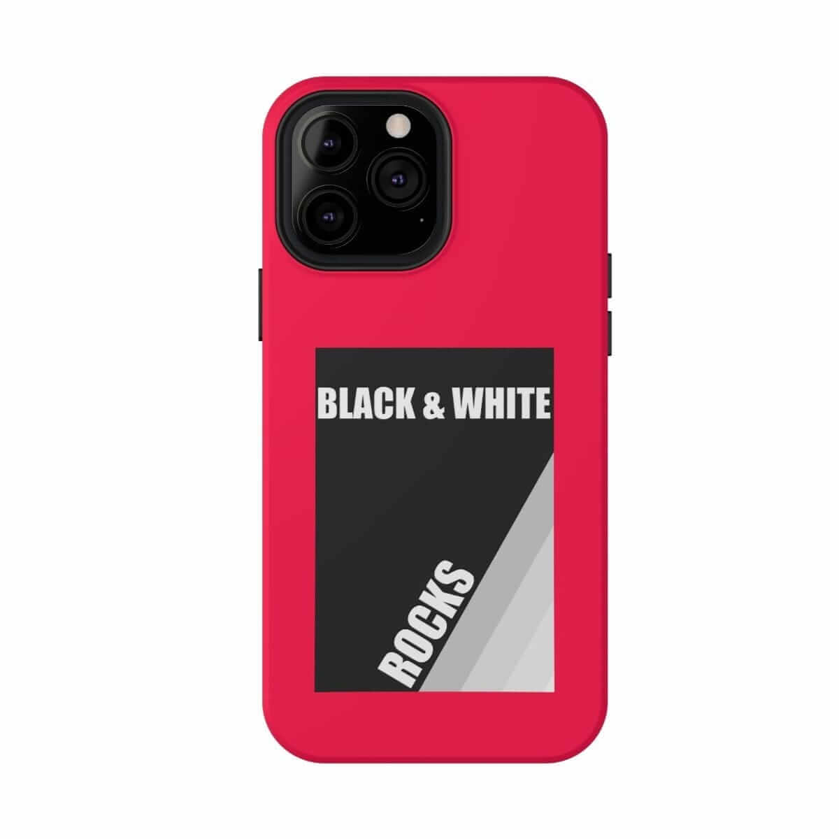 Phone case with black and white rock pattern in neon red matte finish for iPhone 13 Pro Max featuring precise cutouts