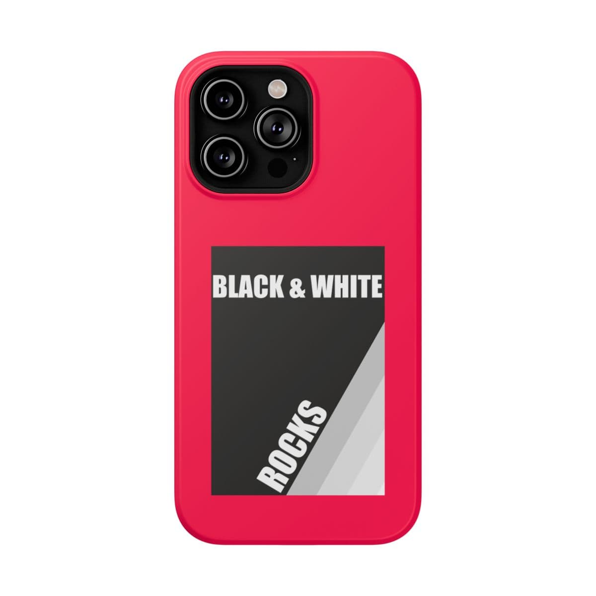 Phone case with black and white rock pattern on matte neon red material designed for iPhone 14 Pro Max