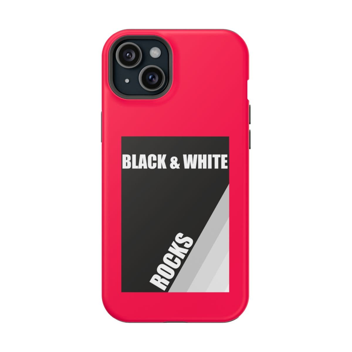 Phone case with black and white rock pattern in neon red matte finish designed for iPhone 15 Plus featuring smooth texture