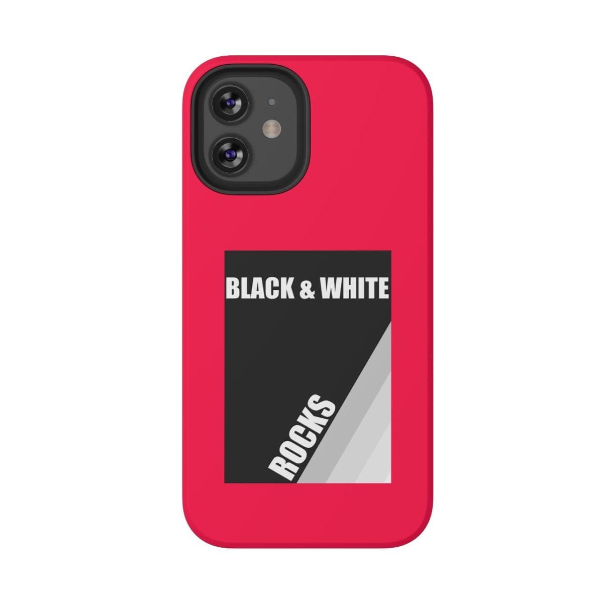 Phone case for iPhone 12 Pro in matte finish with black and white rock pattern accented by neon red details