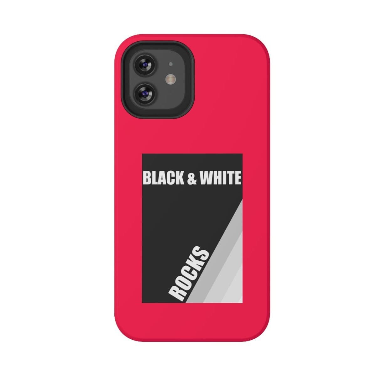 Phone case for iPhone 12 Mini with black and white rock pattern design in matte finish and neon red accents