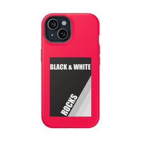 Black and white phone case with neon red matte finish featuring abstract rock pattern and smooth texture