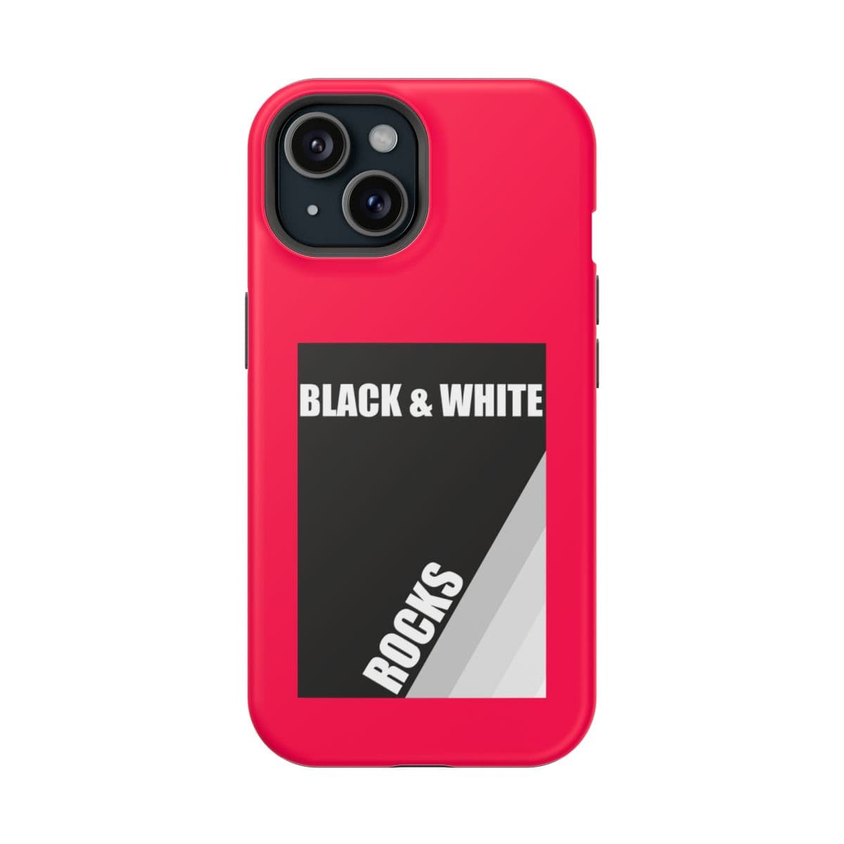 Black and white phone case with neon red matte finish featuring abstract rock pattern and smooth texture