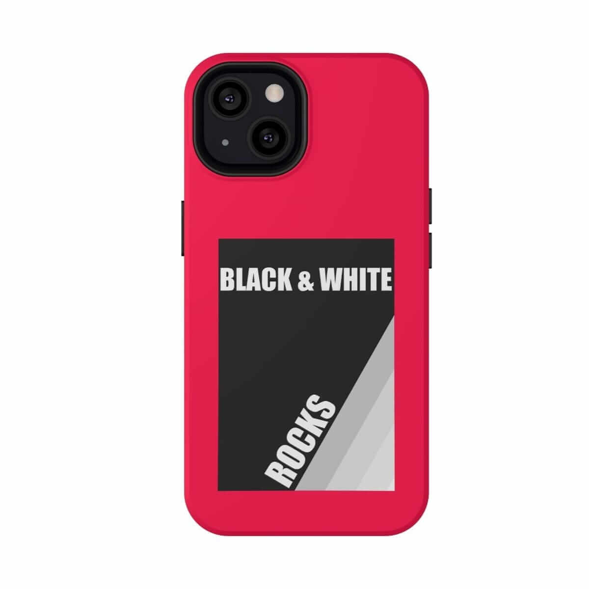 Black and white hard plastic phone case for iPhone 13 with matte finish featuring abstract rock pattern and neon red accents