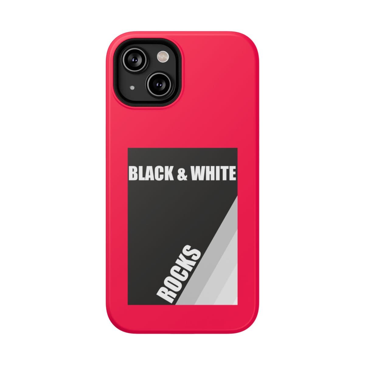 Phone case for iPhone 14 with matte finish featuring black and white rock pattern and neon red accents