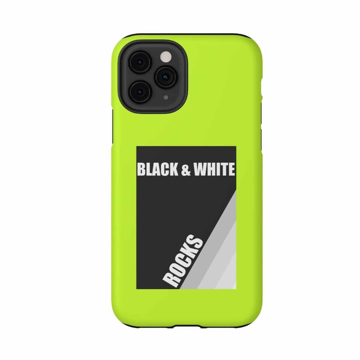 Phone case with black and white rock pattern on neon yellow matte background designed for iPhone 11 Pro