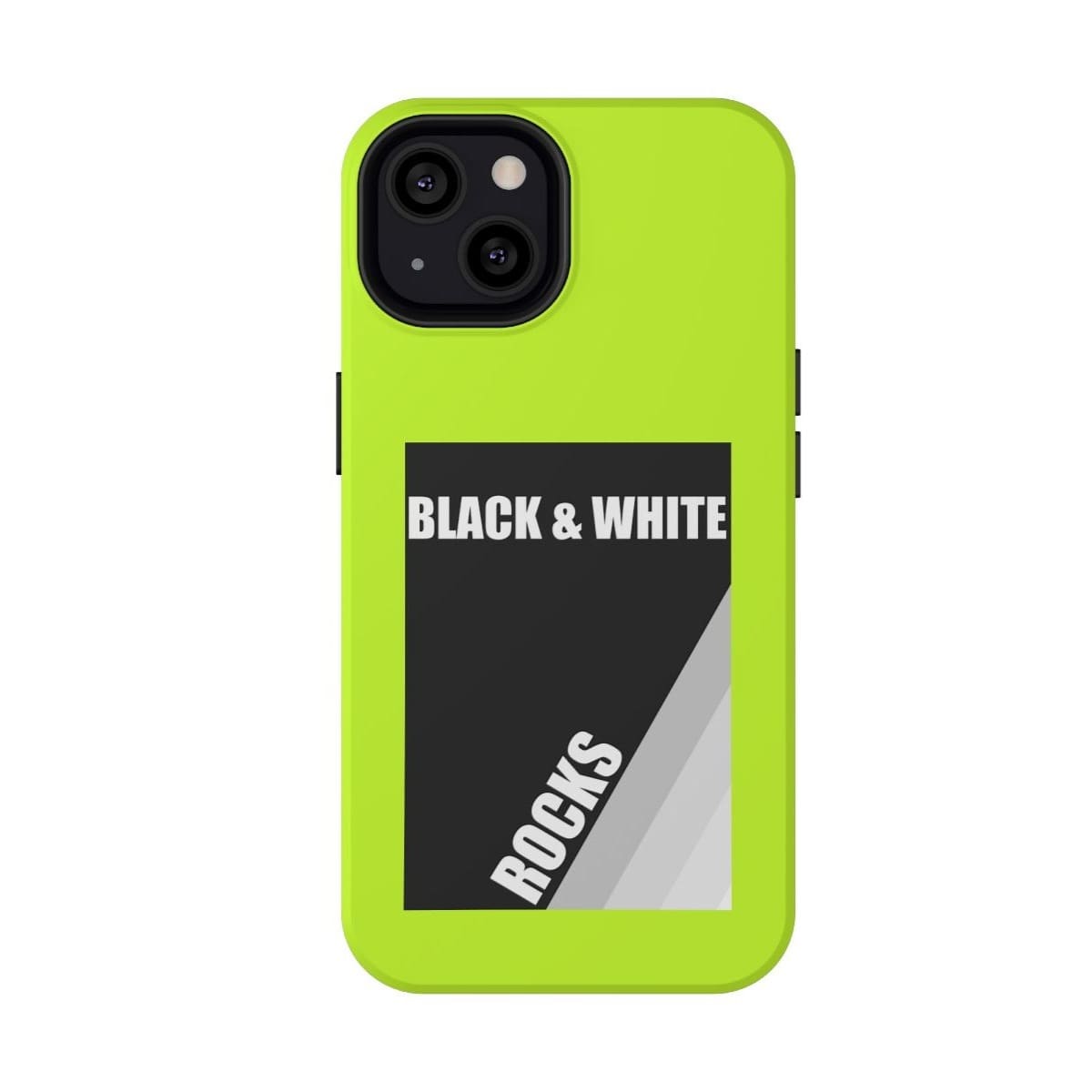 Phone case with black and white rock pattern on neon yellow matte finish designed for iPhone 13 featuring full coverage and slim fit