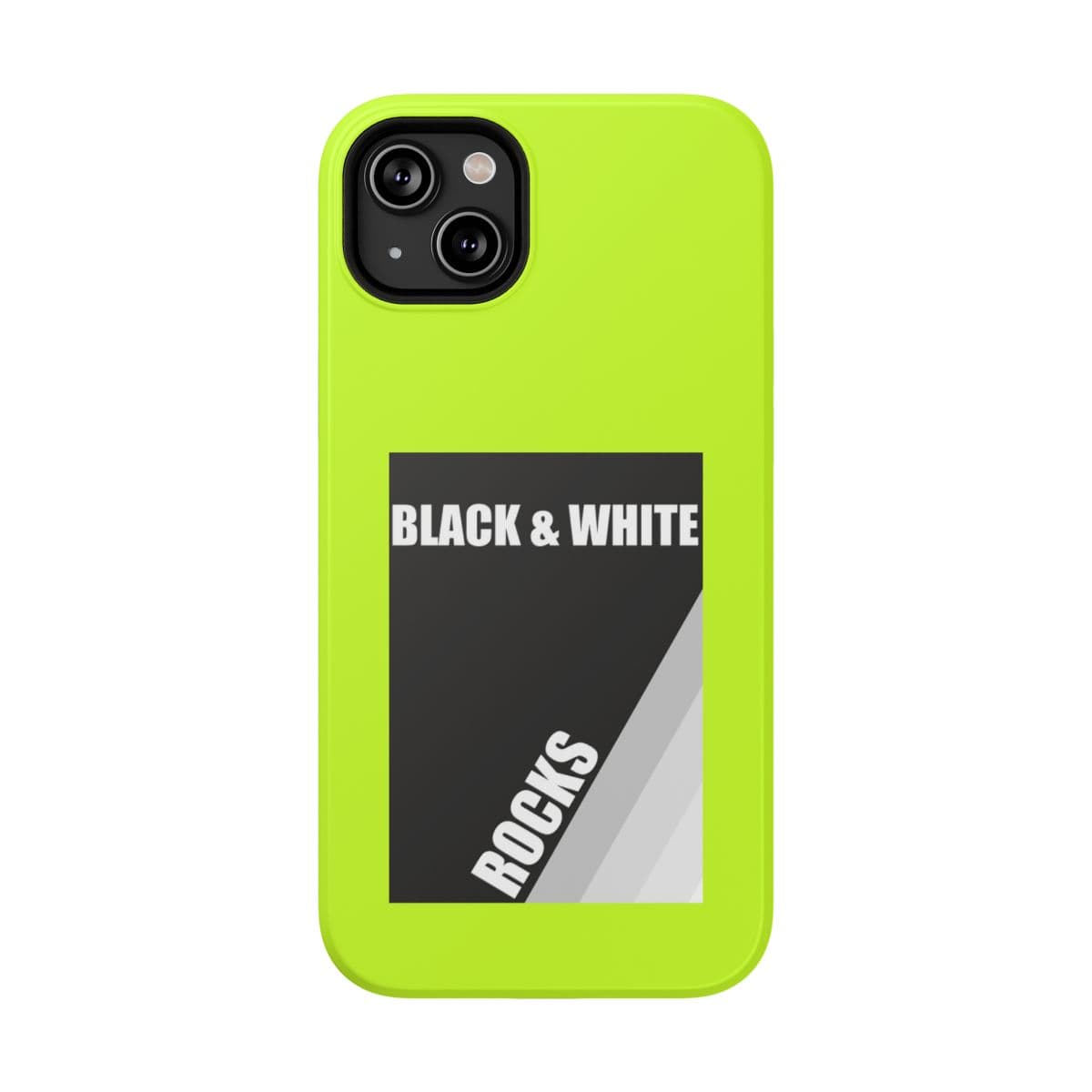 iPhone 14 Plus phone case with black and white rock pattern on neon yellow matte finish hard shell material