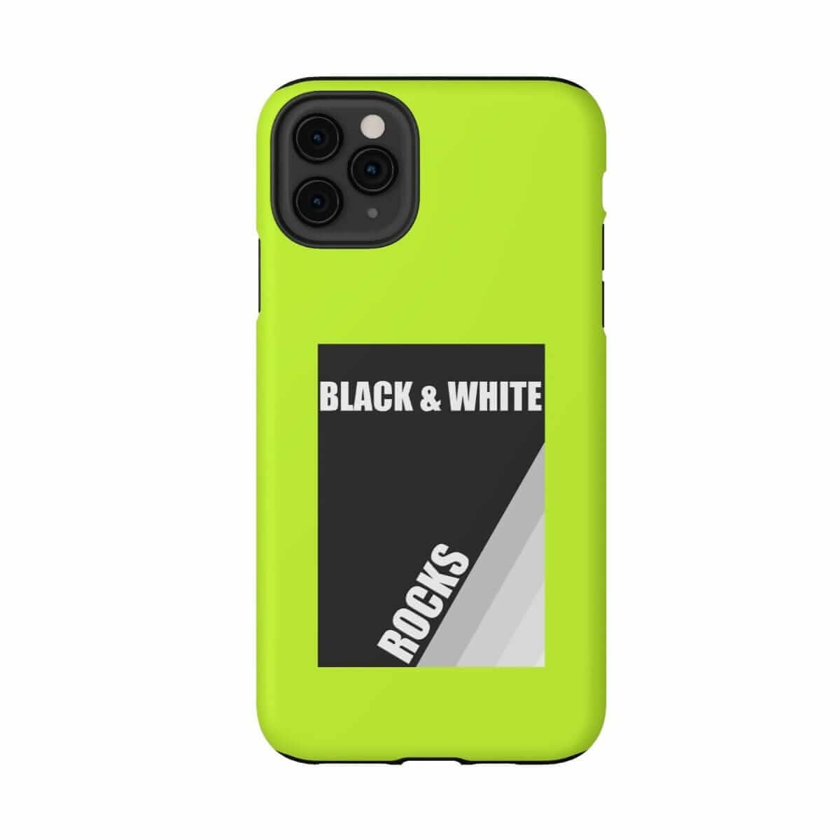 iPhone 11 Pro Max phone case with matte finish featuring black and white rock pattern and neon yellow edges