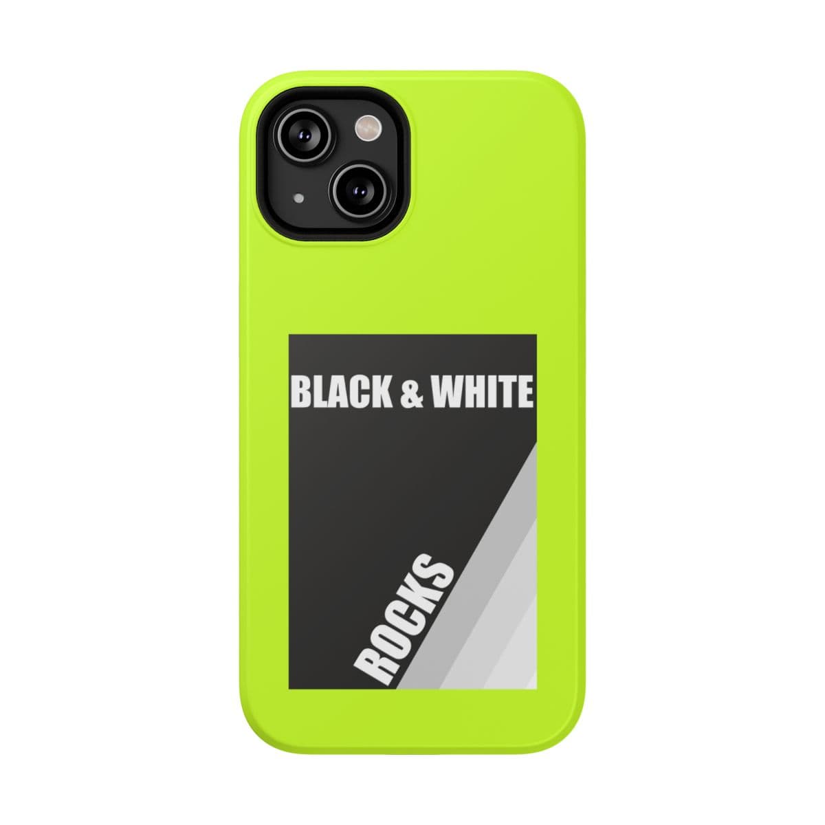 Phone case with black and white rock pattern on neon yellow matte background designed for iPhone 14 featuring slim protective design