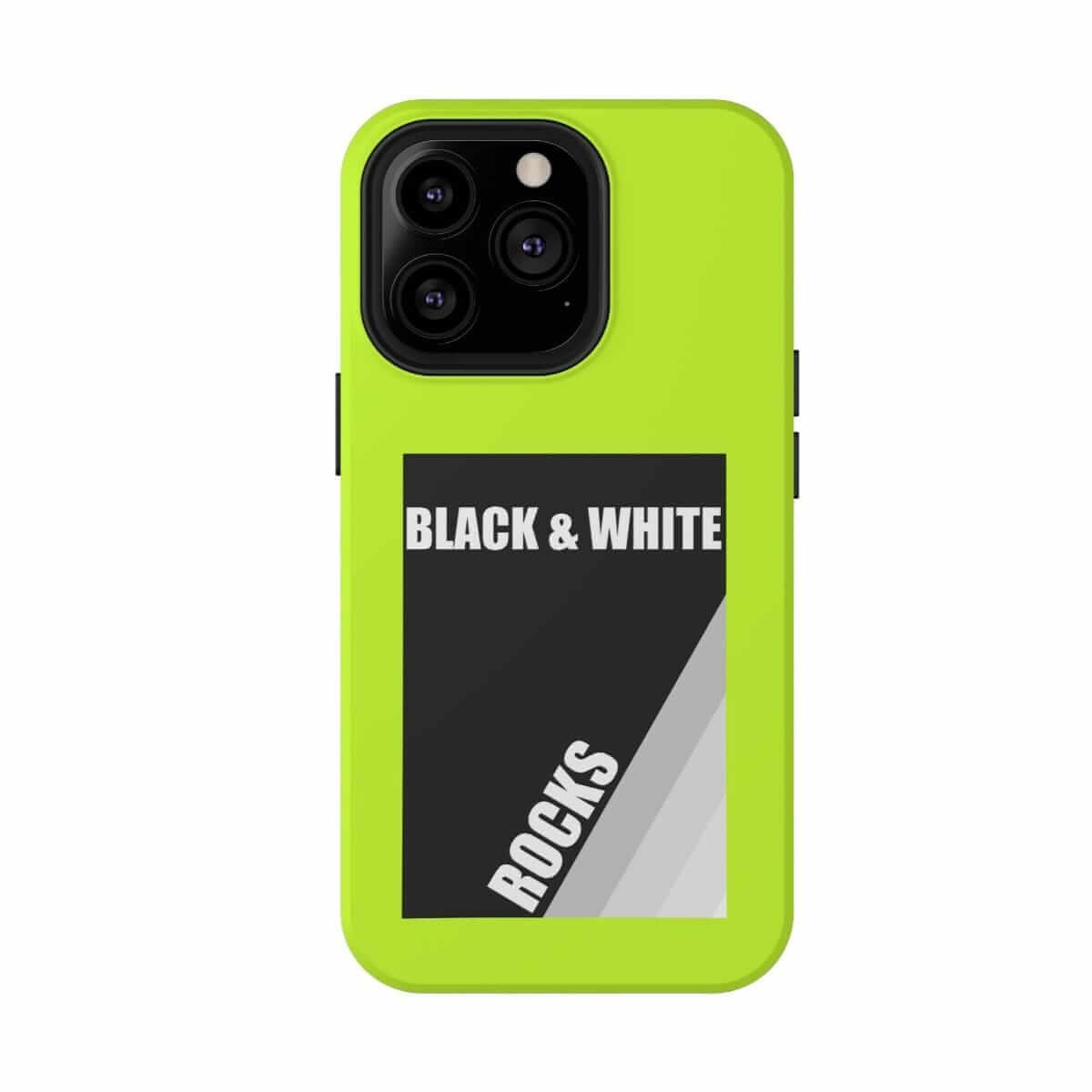 Phone case with black and white rock pattern on matte neon yellow material designed for iPhone 13 Pro with precise cutouts