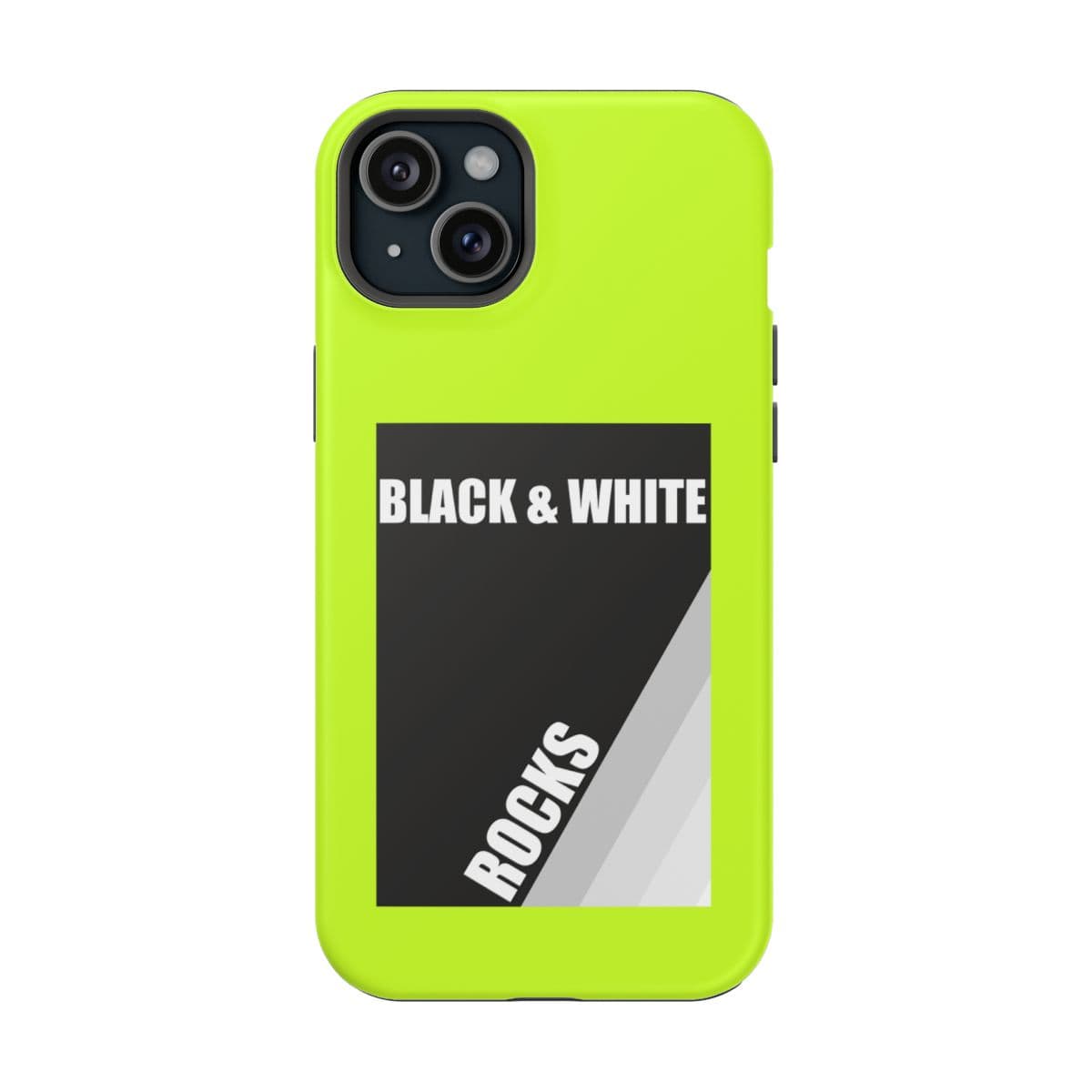 Black and white hard plastic phone case with abstract rock pattern and neon yellow accents for iPhone 15 Plus matte finish