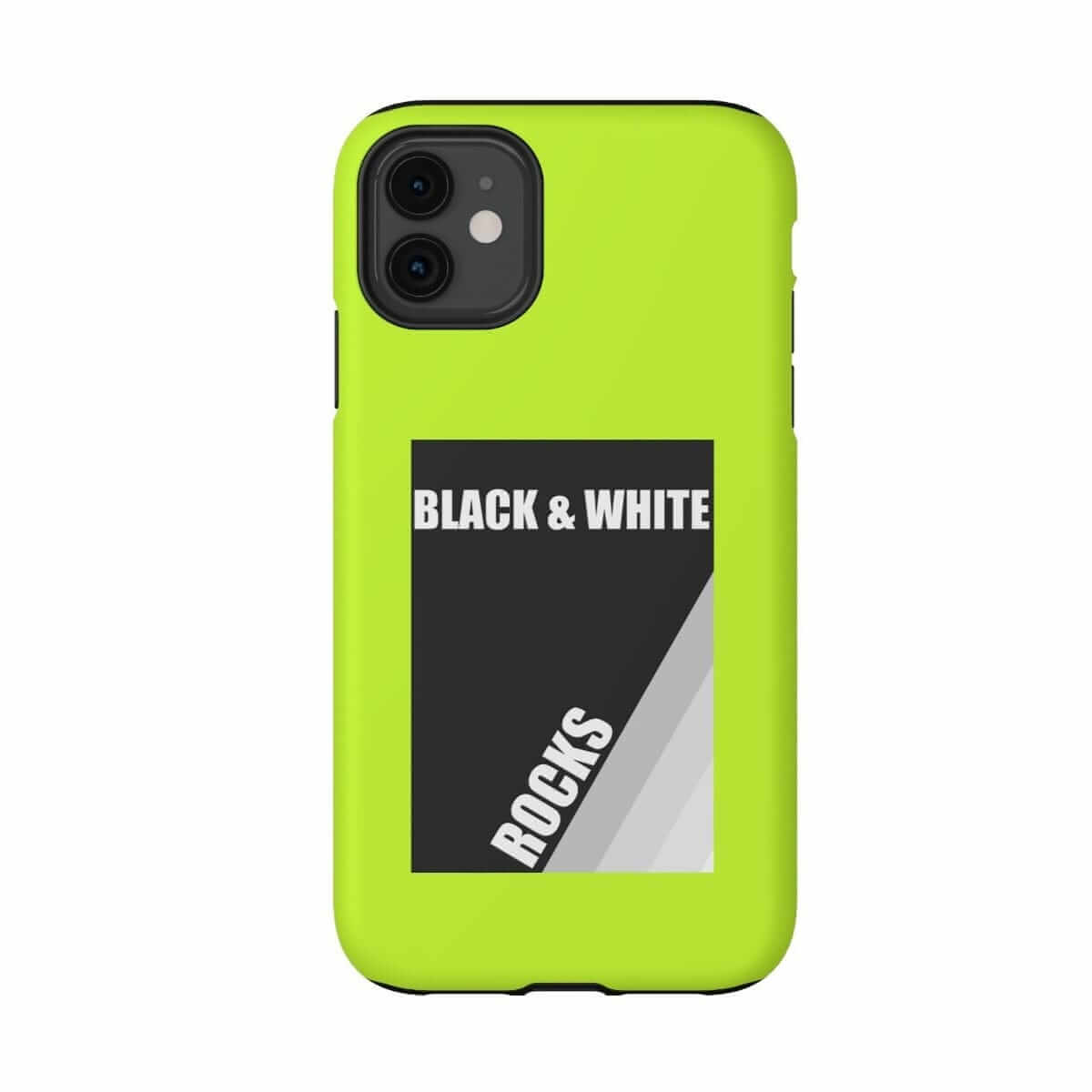 Yellow matte iPhone 11 case with black and white rock pattern design made from durable plastic material with smooth finish