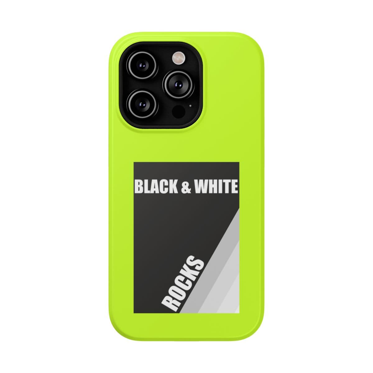 Phone case with black and white rock pattern on neon yellow matte background designed for iPhone 14 Pro