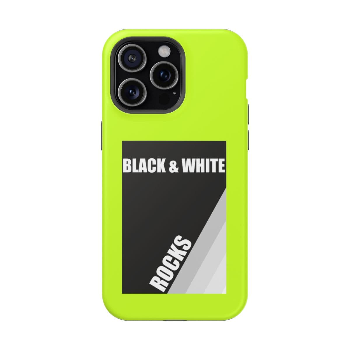 Phone case for iPhone 15 Pro Max in neon yellow with matte finish and black and white abstract rock pattern