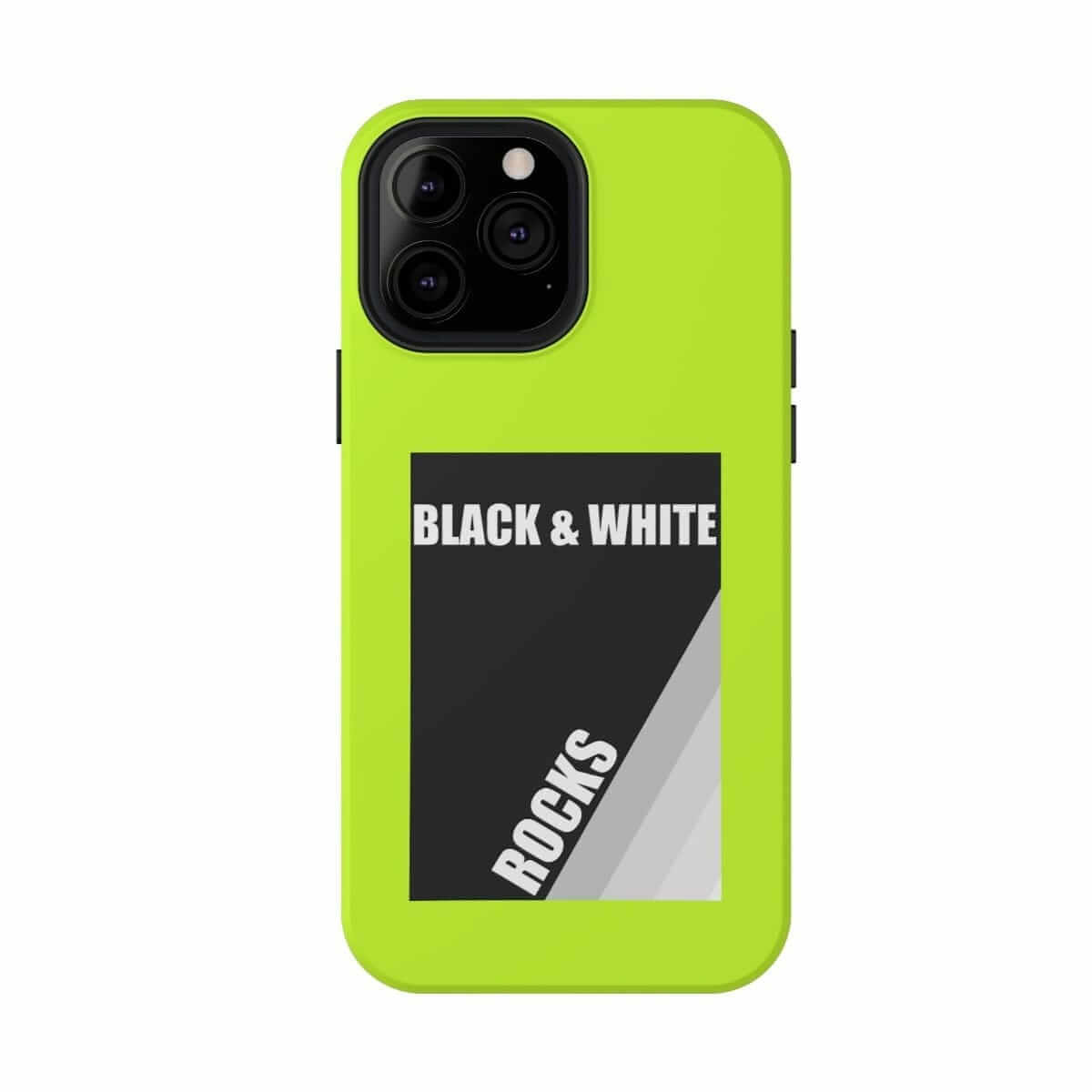 Phone case with black and white rock pattern in neon yellow matte finish designed for iPhone 13 Pro Max featuring precise cutouts