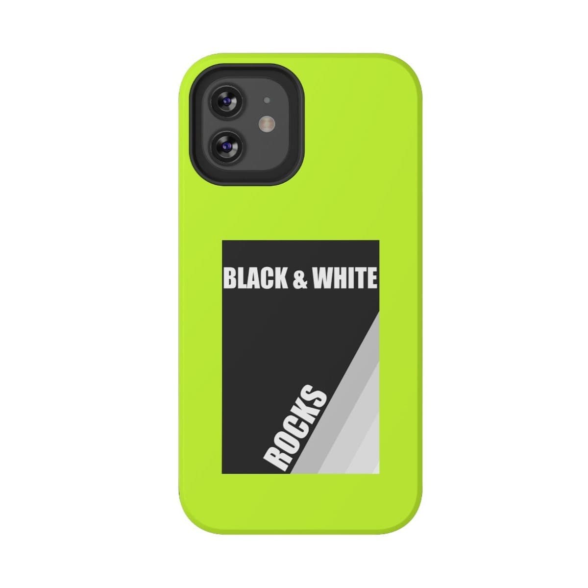 Phone case with black and white rock pattern on neon yellow matte background designed for iPhone 12 Mini with precise camera cutout