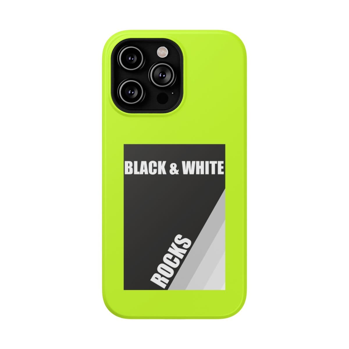 Neon yellow iPhone 14 Pro Max matte phone case with black and white rock pattern and smooth finish