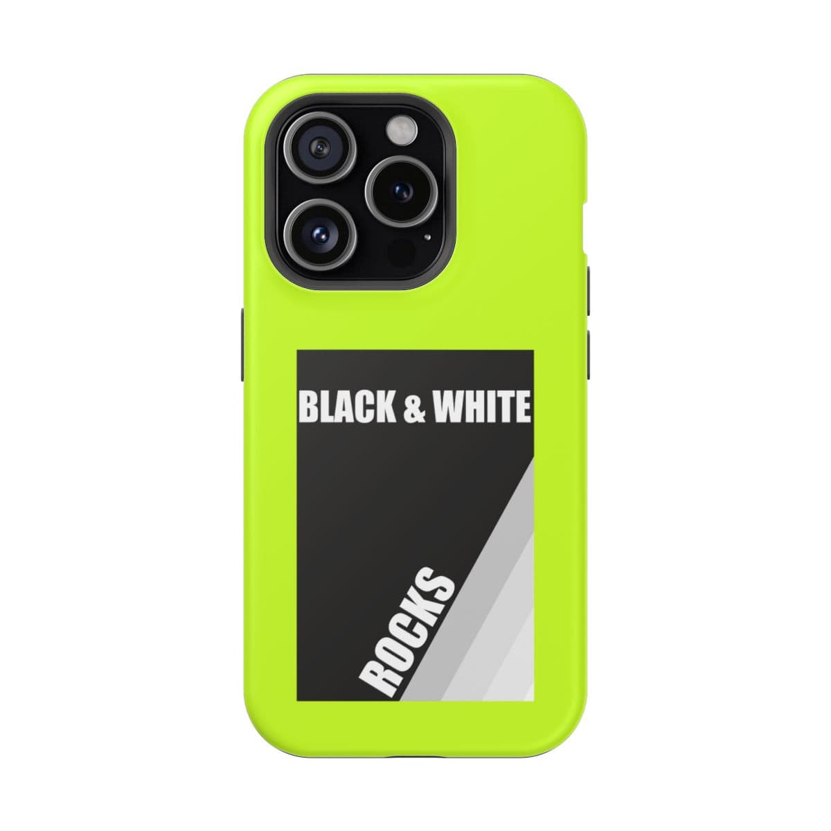 Yellow neon iPhone 15 Pro matte phone case with black and white rock pattern and slim protective design