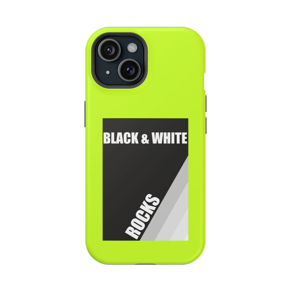 Phone case with black and white rock pattern on neon yellow matte finish designed for iPhone 15 featuring slim protective style