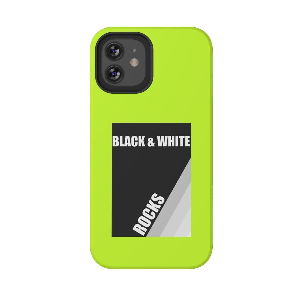 Phone case for iPhone 12 with black and white rock pattern on matte neon yellow background in slim protective style