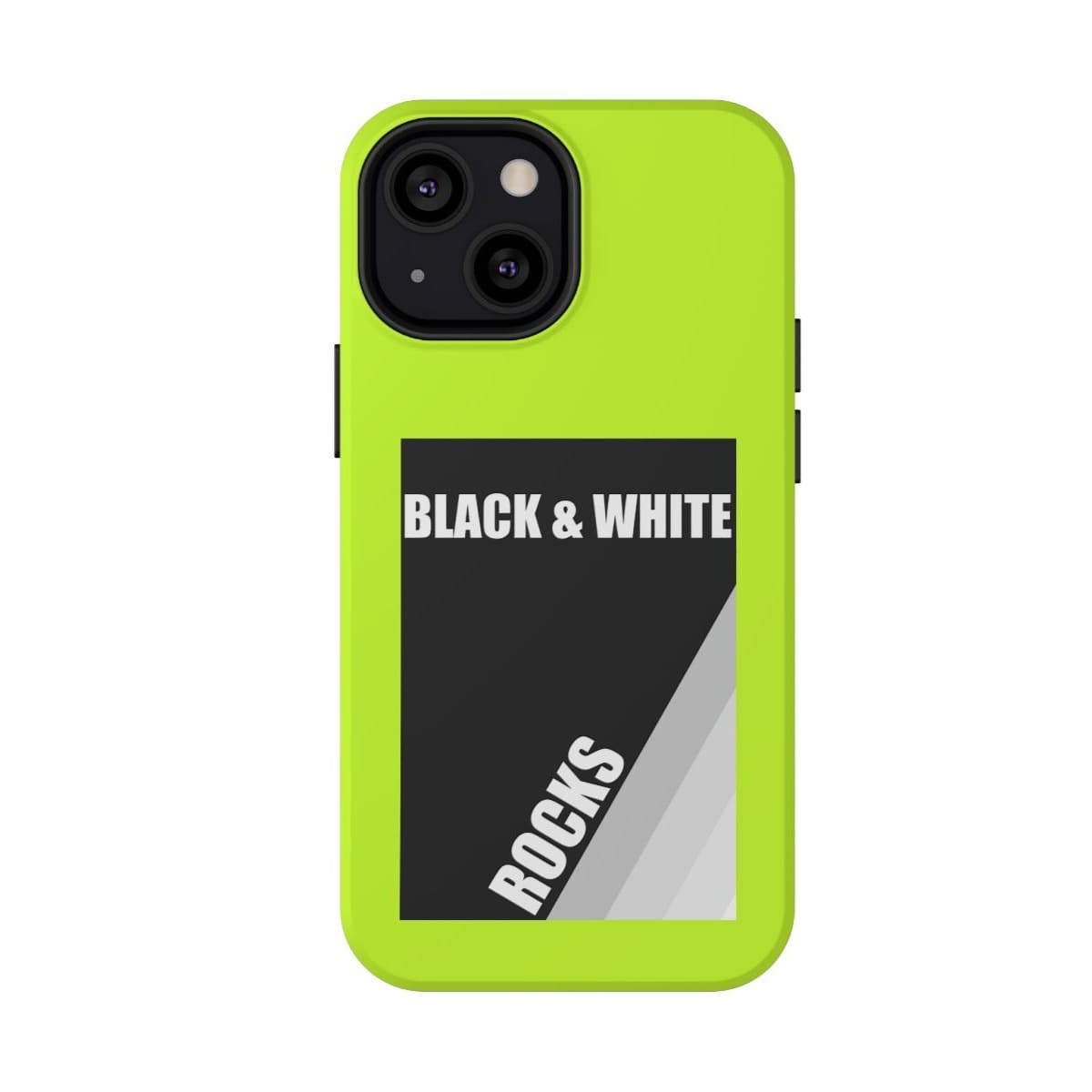 Neon yellow matte hard plastic iPhone 13 Mini case with black and white rock pattern and slim protective design