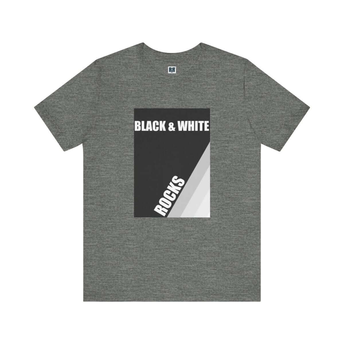 Black and white rocks graphic printed short sleeve tee in deep heather color with soft cotton blend fabric and crew neckline