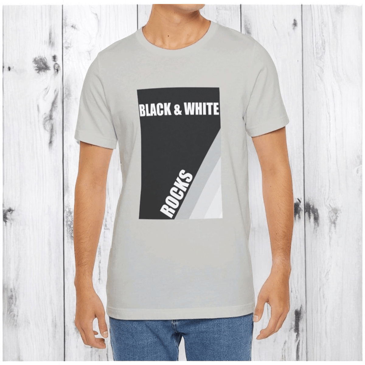 Black and white cotton sleeve tee with abstract rock print featuring a relaxed fit and crew neckline