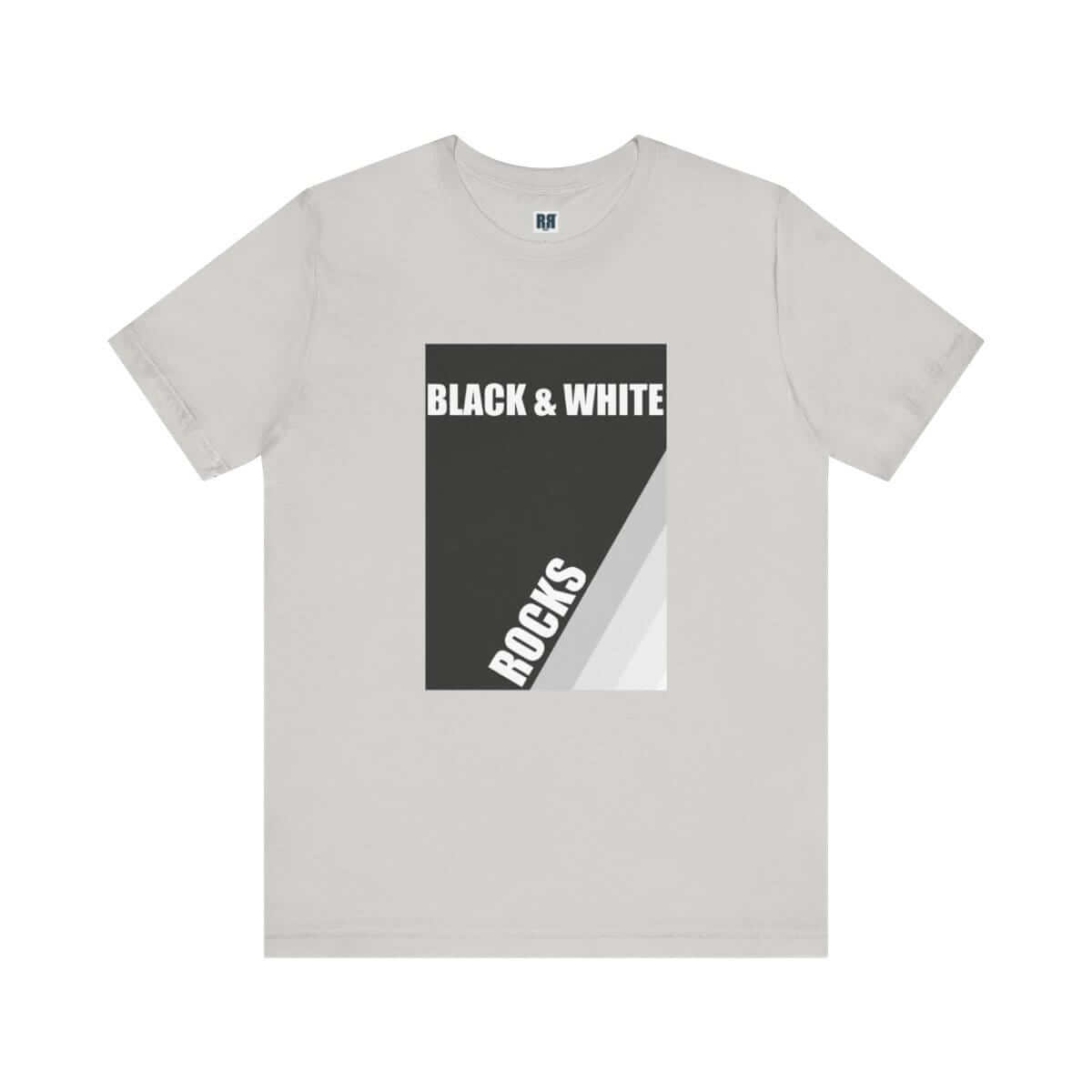 Black and white rocks sleeve tee made of soft cotton featuring a classic crew neck and short sleeves with rock print design