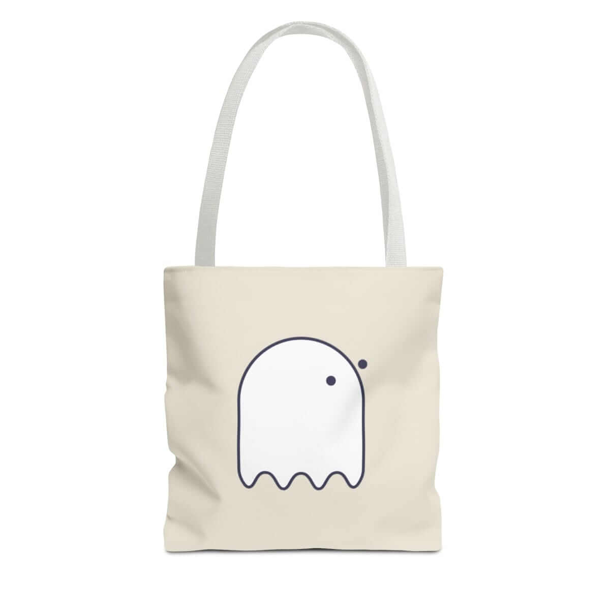 White fabric tote bag with button-eyed ghost graphic on the front featuring dual top handles and flat bottom design