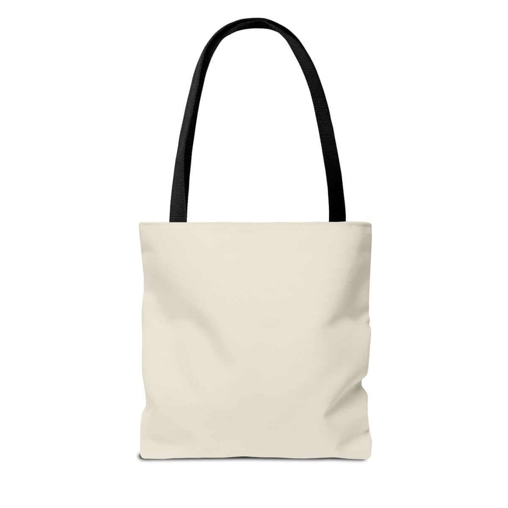 Beige tote bag with black handles, plain design positioned on a white background and minimalist look