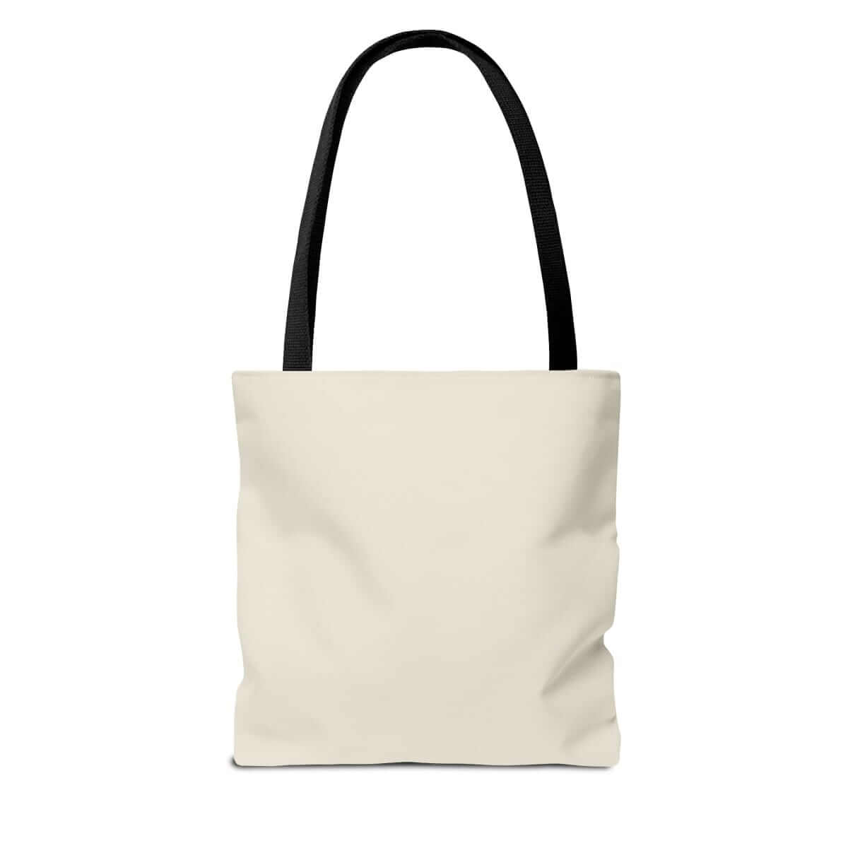 Beige tote bag with black handles, plain design positioned on a white background and minimalist look