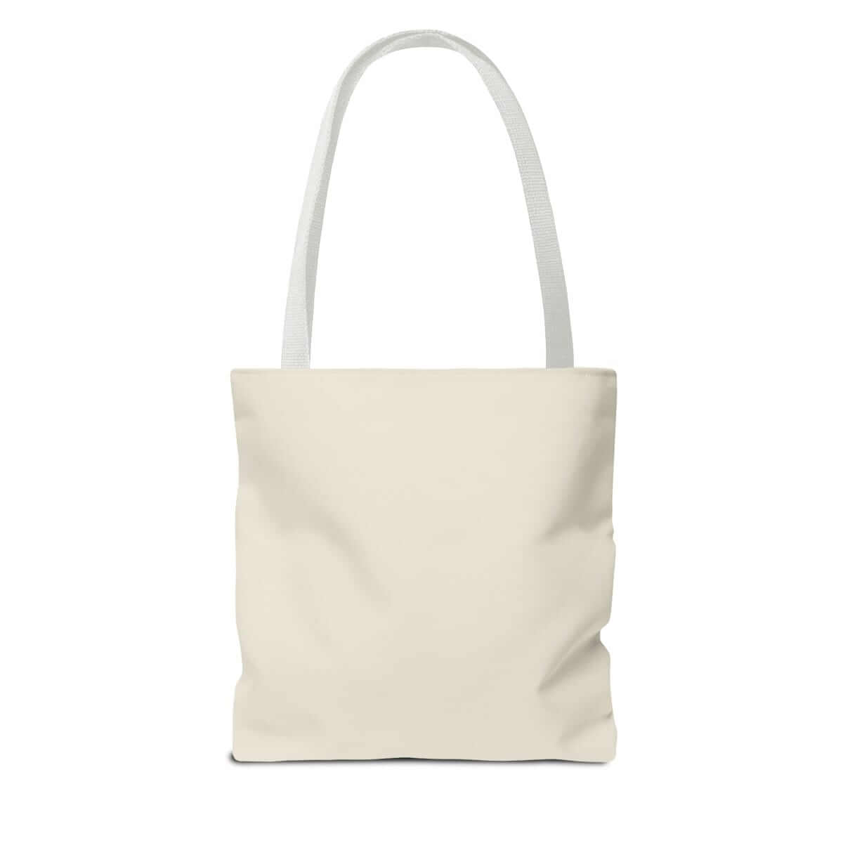 White cotton tote bag with black button eyes and ghost print on the back side featuring stitched straps