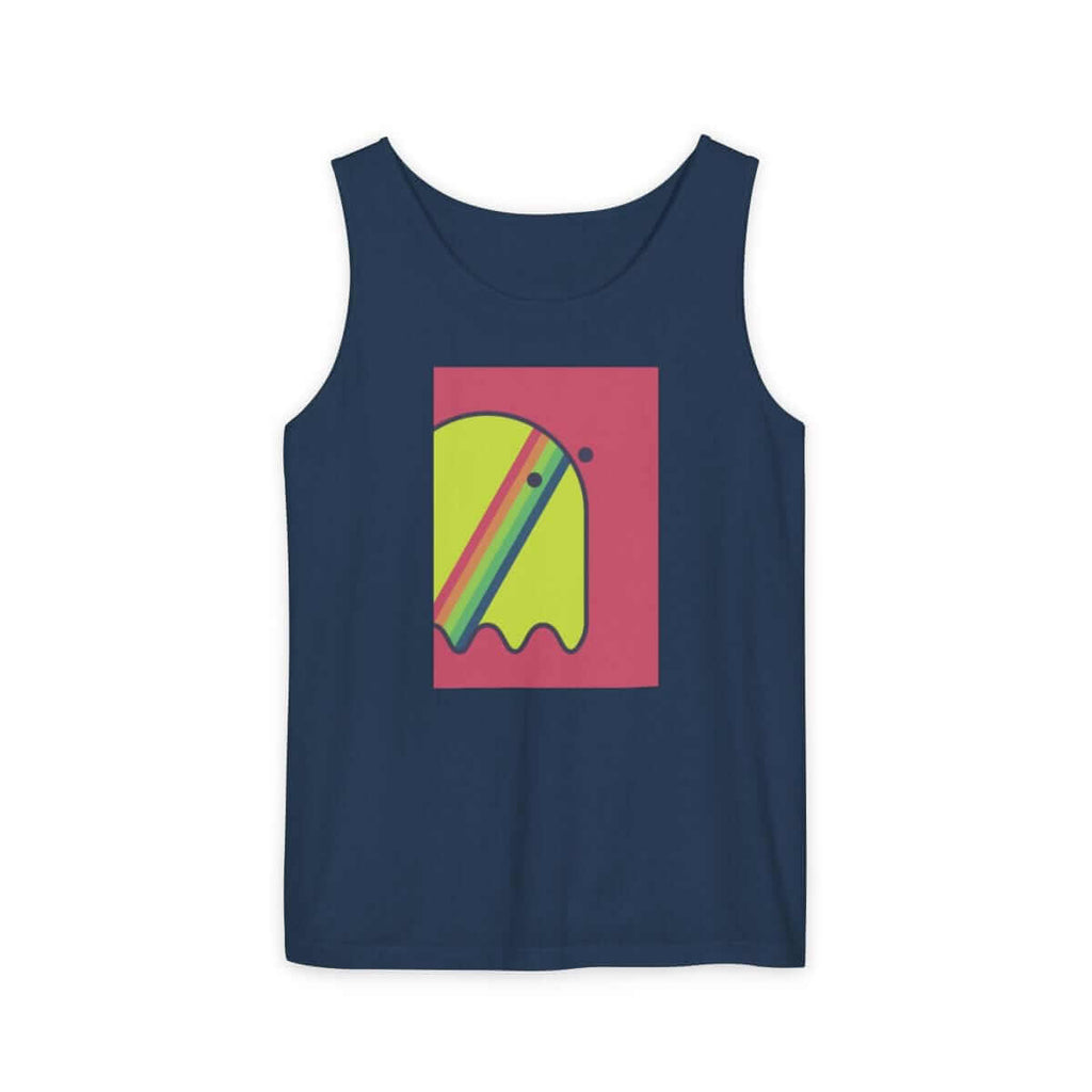 Dark blue cotton tank top with a sleeveless cut, scoop neckline, and abstract multicolor graphic on the front