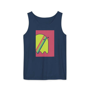 Dark blue cotton tank top with a sleeveless cut, scoop neckline, and abstract multicolor graphic on the front