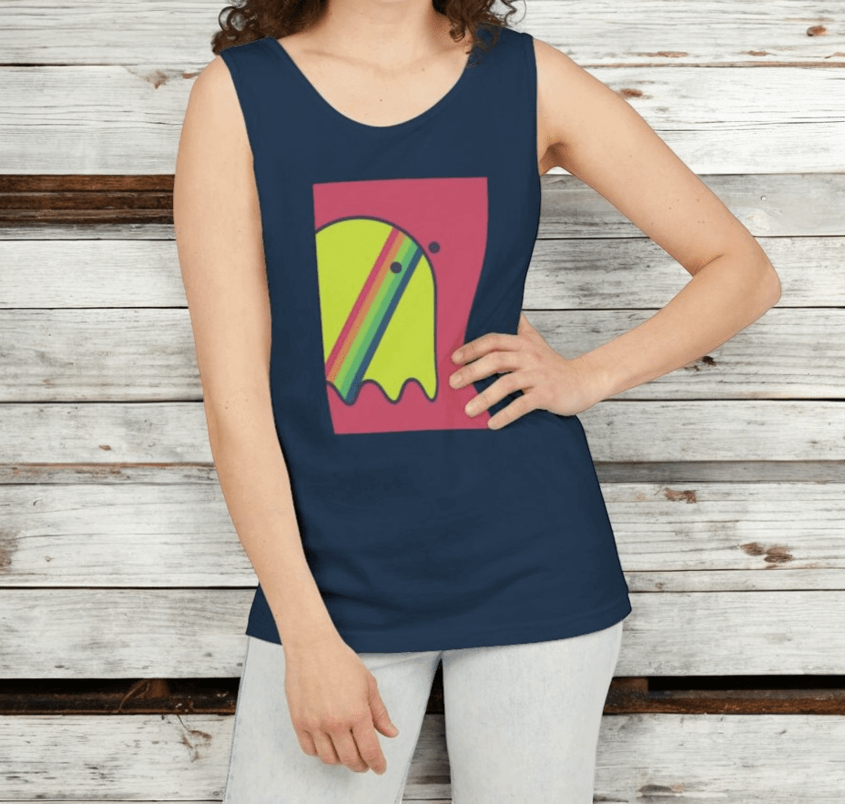 True navy cotton tank top featuring a multicolored retro ghost graphic printed on the chest area