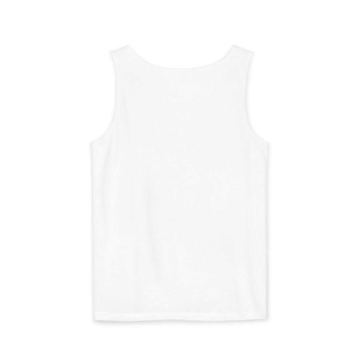 White sleeveless top made of lightweight fabric with a straight hem and minimal seams, shown from the back
