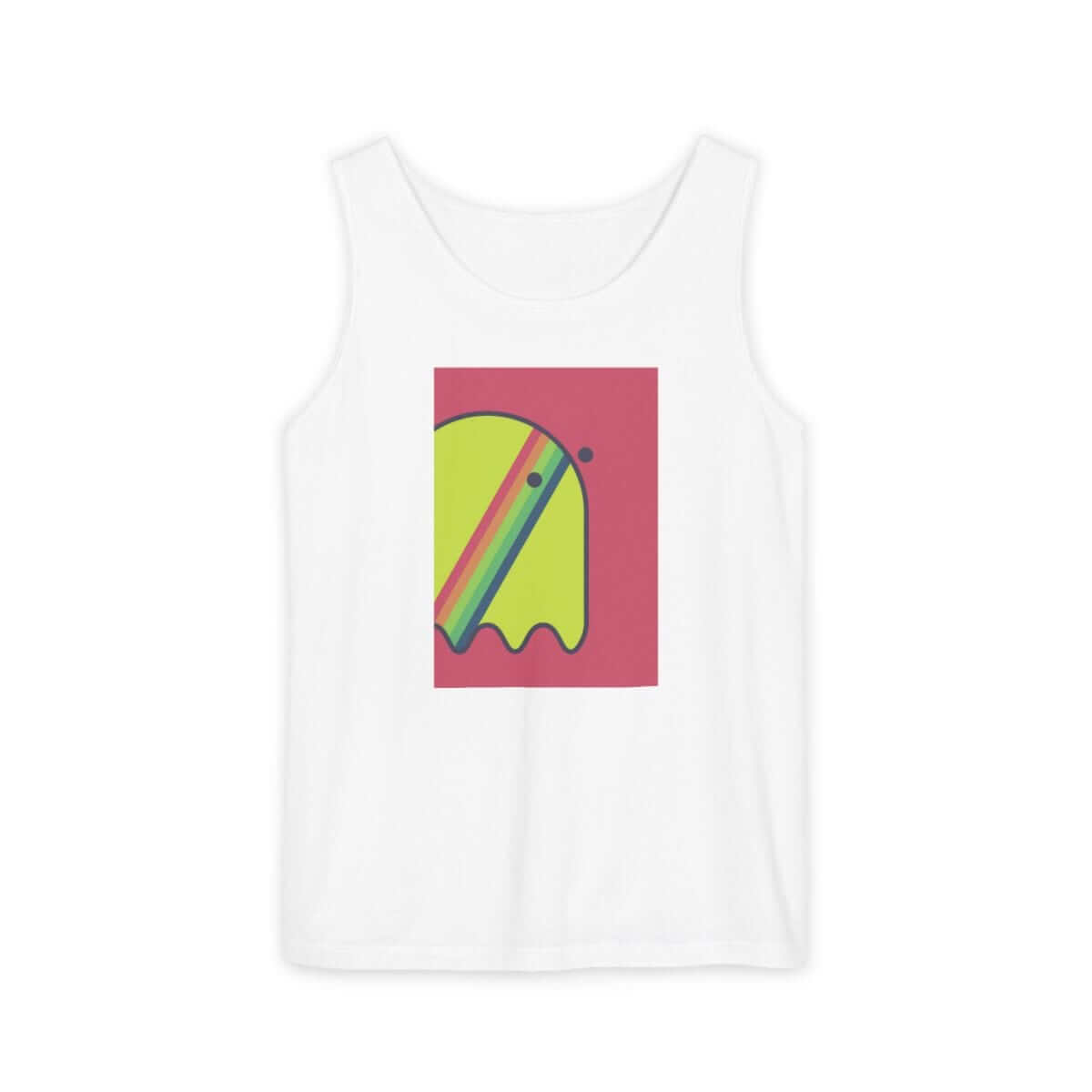 Cotton tank top with pink base featuring a yellow ghost-like illustration with rainbow stripes across the chest